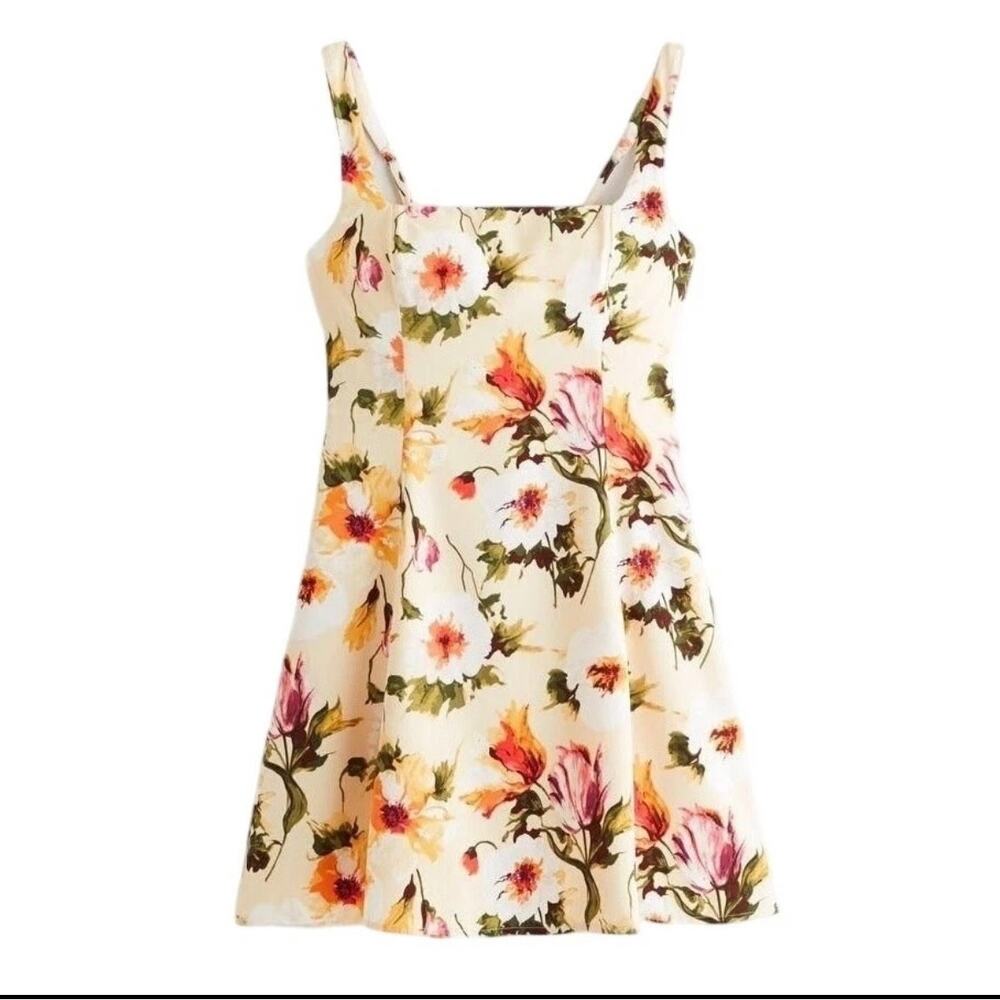 Abercrombie & Fitch Butter Yellow Floral Print Mini Easter Spring Dress, Size S